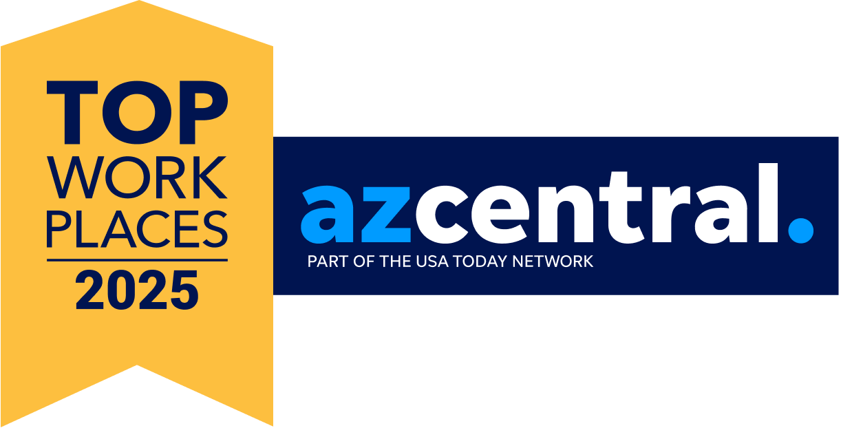Top Workplaces 2025 in yellow and azcentral logo in blue